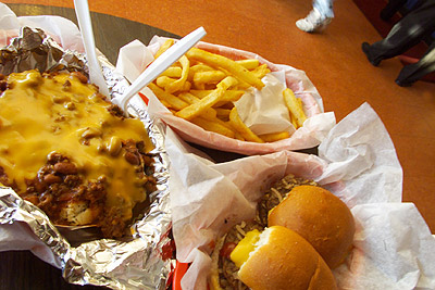 Chili-cheese dog, french fries and double cheese sliders